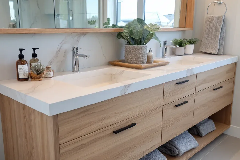 Bathroom remodel Richmond BC installing floating vanities, stone-textured wall tiles, and upgraded faucet hardware.
Richmond bathroom renovations applying polished porcelain floors, quartz slab sinks, and frameless sliding doors.
Bathroom renovation Richmond using textured tile surrounds, modern lighting systems, and high-efficiency drainage.
Bathroom remodel Richmond BC featuring stone-look flooring, quartz backsplash panels, and premium showerheads.