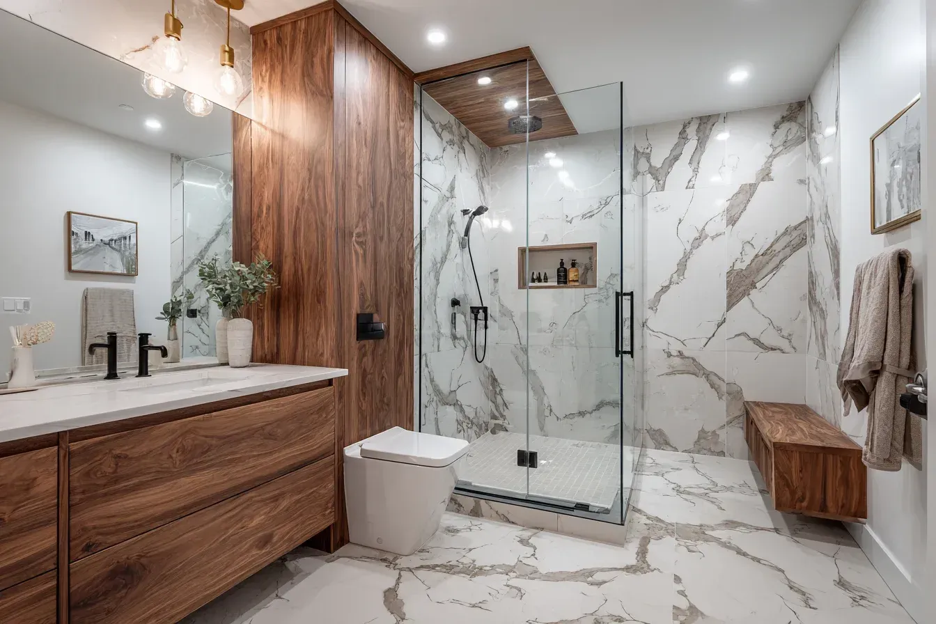 Bathroom remodel Richmond BC integrating quartz slab sinks, porcelain tile surrounds, and frameless sliding glass doors.
Richmond bathroom renovations applying large-format porcelain flooring, quartz vanities, and premium showerheads.
Bathroom renovation Richmond upgrading shower tiles, installing LED mirror panels, and modernizing plumbing systems.
Bathroom remodel Richmond BC using polished ceramic walls, floating cabinetry, and frameless shower builds.