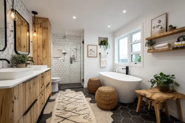 Bathroom remodel Richmond applying stone-look tile walls, recessed LED lighting, and upgraded showerheads.
Richmond bathroom renovations featuring quartz slab vanities, porcelain tile floors, and efficient drainage systems.
Bathroom renovation Richmond BC using textured ceramic wall tiles, floating cabinets, and luxury rainfall fixtures.