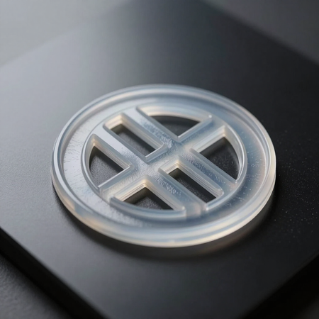 Close-up of a translucent circular plastic emblem with a cross design on a dark surface
