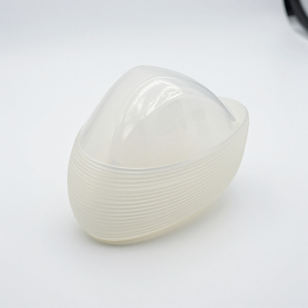 White translucent conical plastic object with ribbed sides on a light background