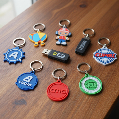 Colorful tech-themed keychains with logos arranged on a wooden table.