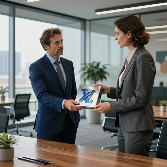 Two business professionals exchanging a report in a modern conference room