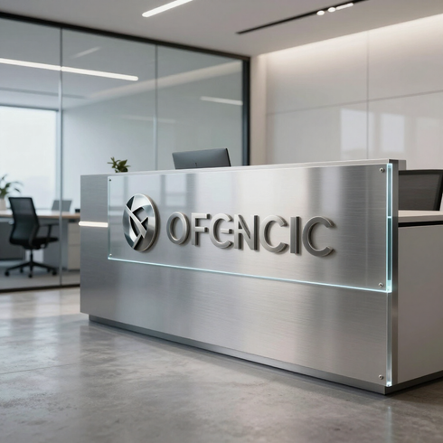 Modern office reception desk with metallic logo sign in a glass-walled lobby
