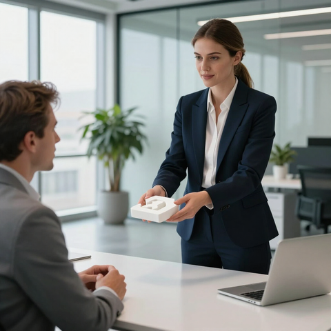 Two professionals in a bright office, one handing the other a small white box across a desk