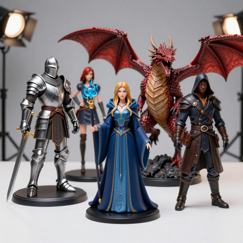 Fantasy action figures with a silver knight, blue-robed mage, winged red dragon, and rogue on a white background
