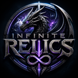 Purple dragon-themed “Infinite Relics” fantasy game logo with metallic lettering and infinity symbol