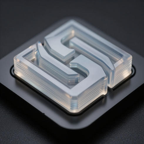 Transparent 3D logo block on a dark square base, lit with soft reflections