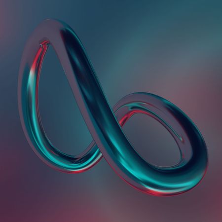 Abstract metallic loop sculpture in teal, blue, and red on a soft gradient background