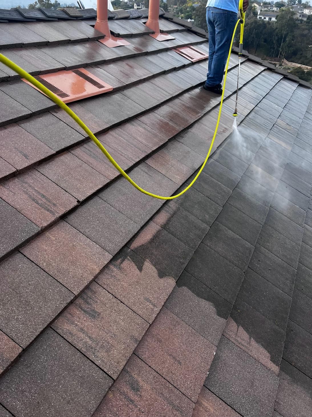 A man is cleaning a roof with a hose.