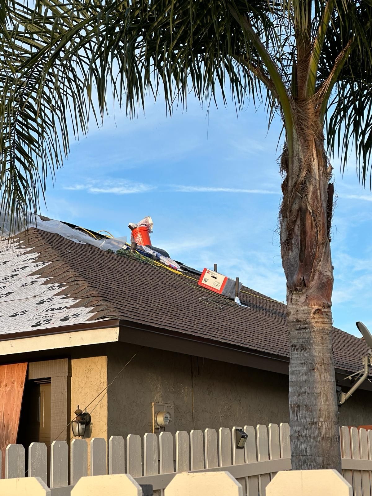 A house with a fence and a palm tree in front of it.