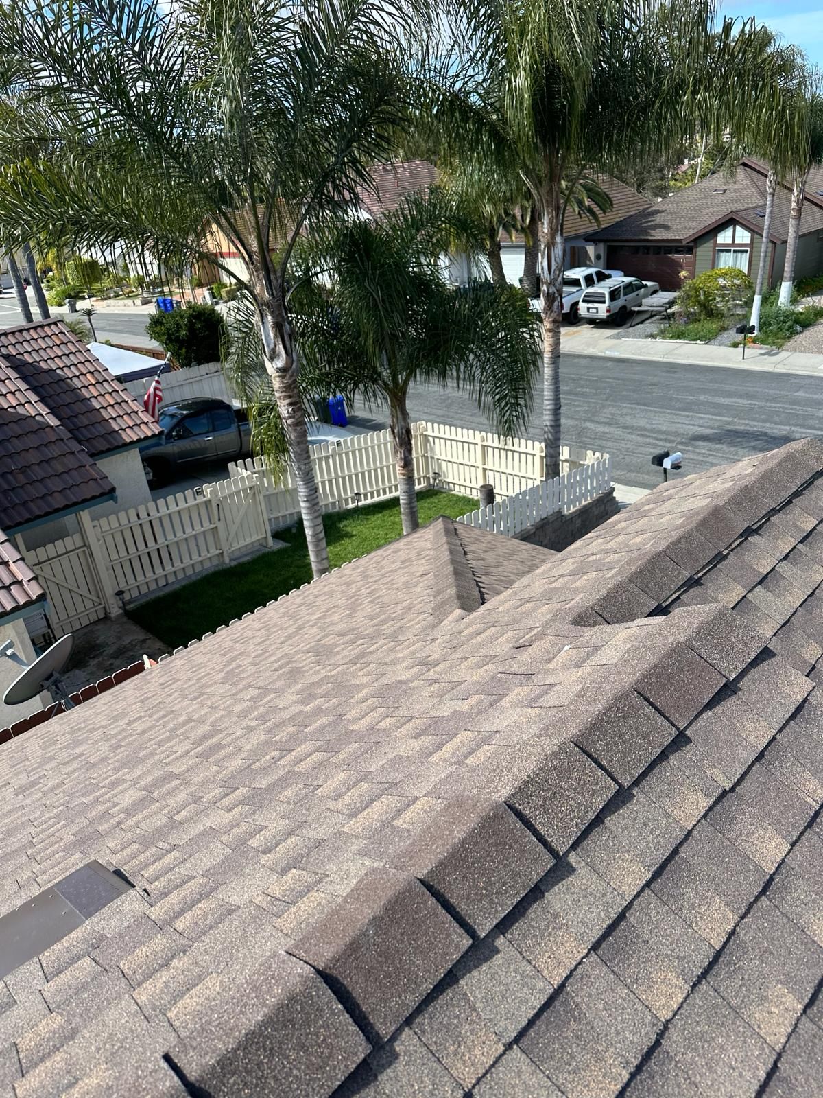 A view of a roof from the top of a house.