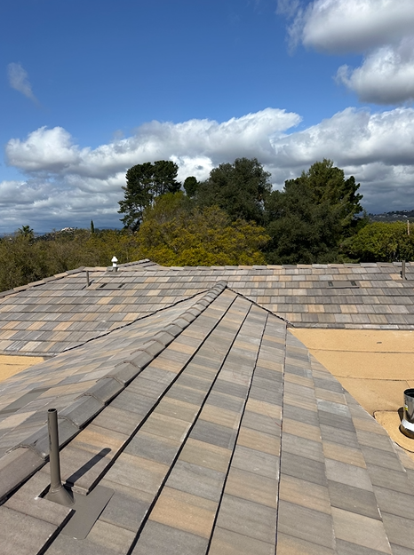 Tiled roof on a sunny day with scattered clouds, trees visible in the background.