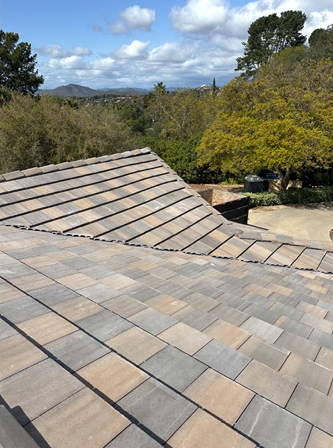 A multi-colored tile roof with a scenic view of trees and mountains under a bright blue sky.