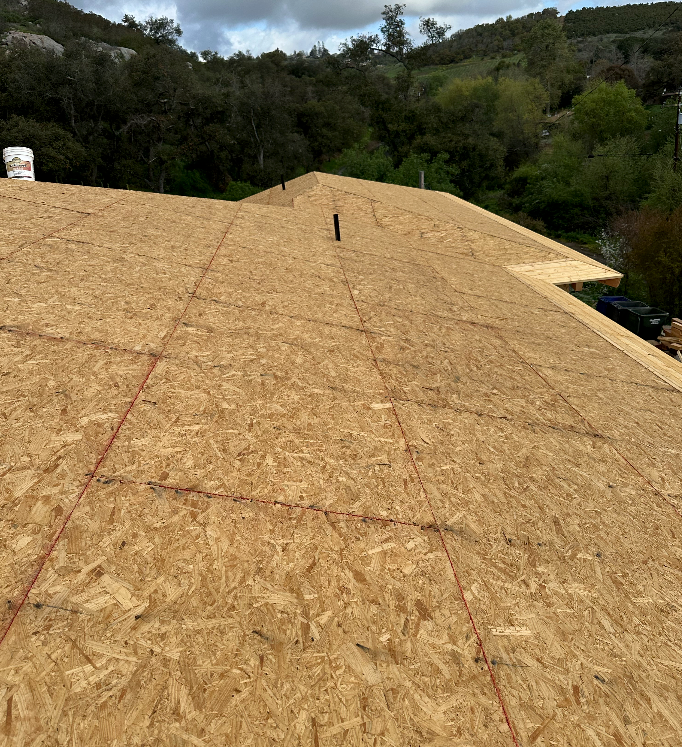 Rooftop with oriented strand board (OSB) sheathing; wooded backdrop, overcast sky.