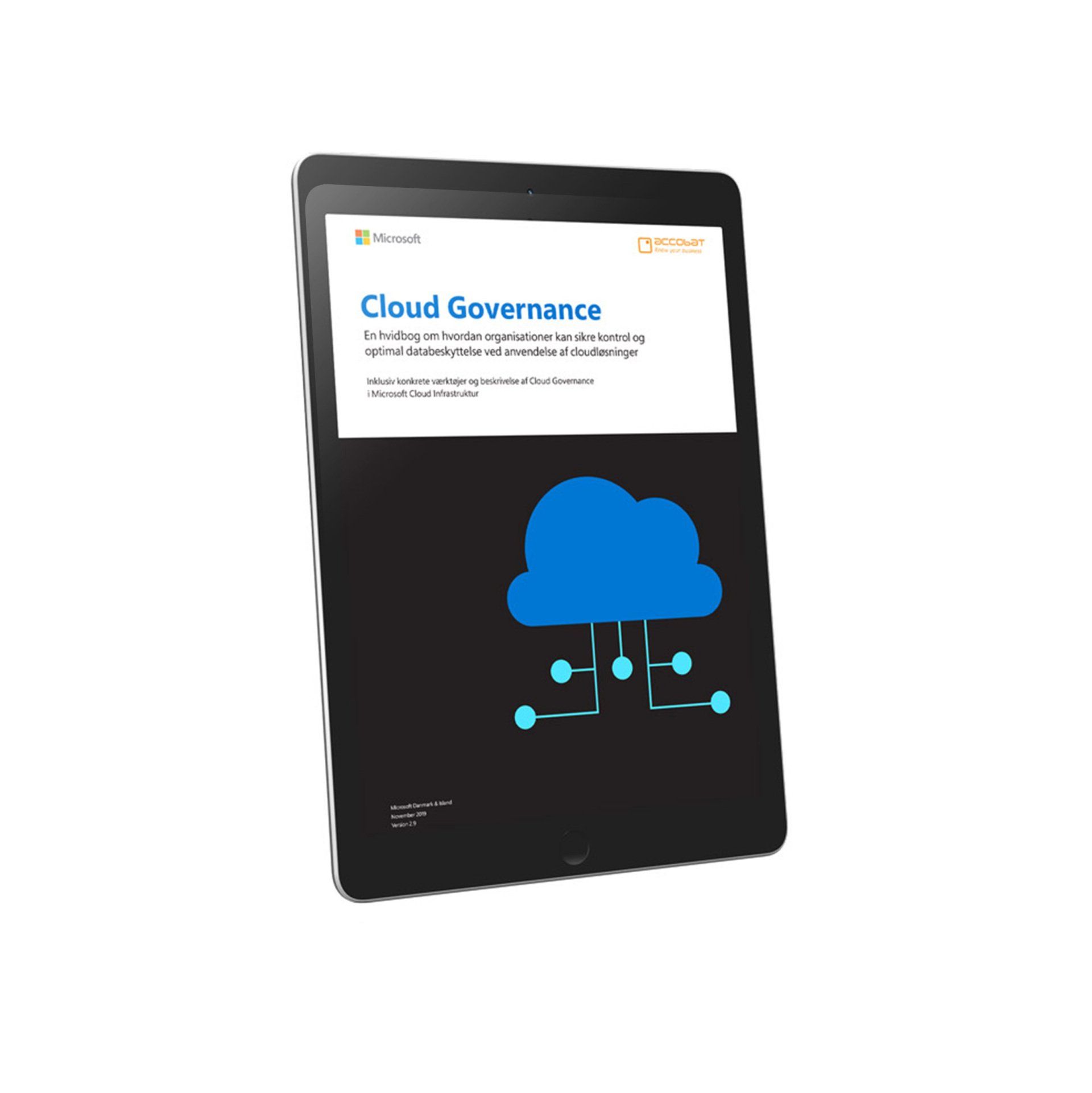 En tablet med en cloud governance-brochure på.