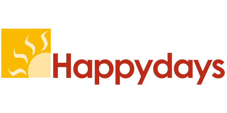 The logo for happydays is yellow and red with a sun in the middle.