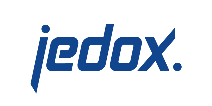 Et blåt jedox-logo på en hvid baggrund