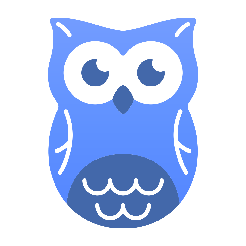 En blå ugle med hvide øjne og et sort næb på hvid baggrund.