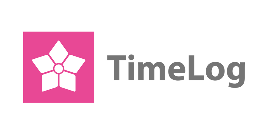 Timelog-logoet er en lyserød firkant med en hvid blomst på.
