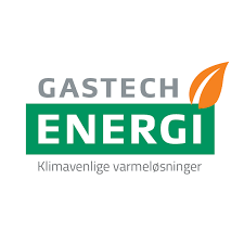 Gastech Energi's logo. Ordet Energi ombivvet af en grøn rektangel med et orange blad oppe i højre hjørne