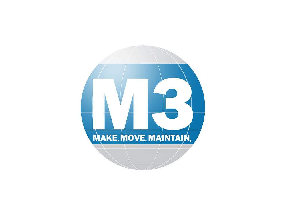 Et blåt og hvidt logo til m3 make move vedligeholdelse