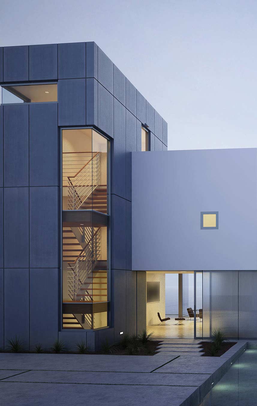 Et moderne hus med en trappe og en swimmingpool