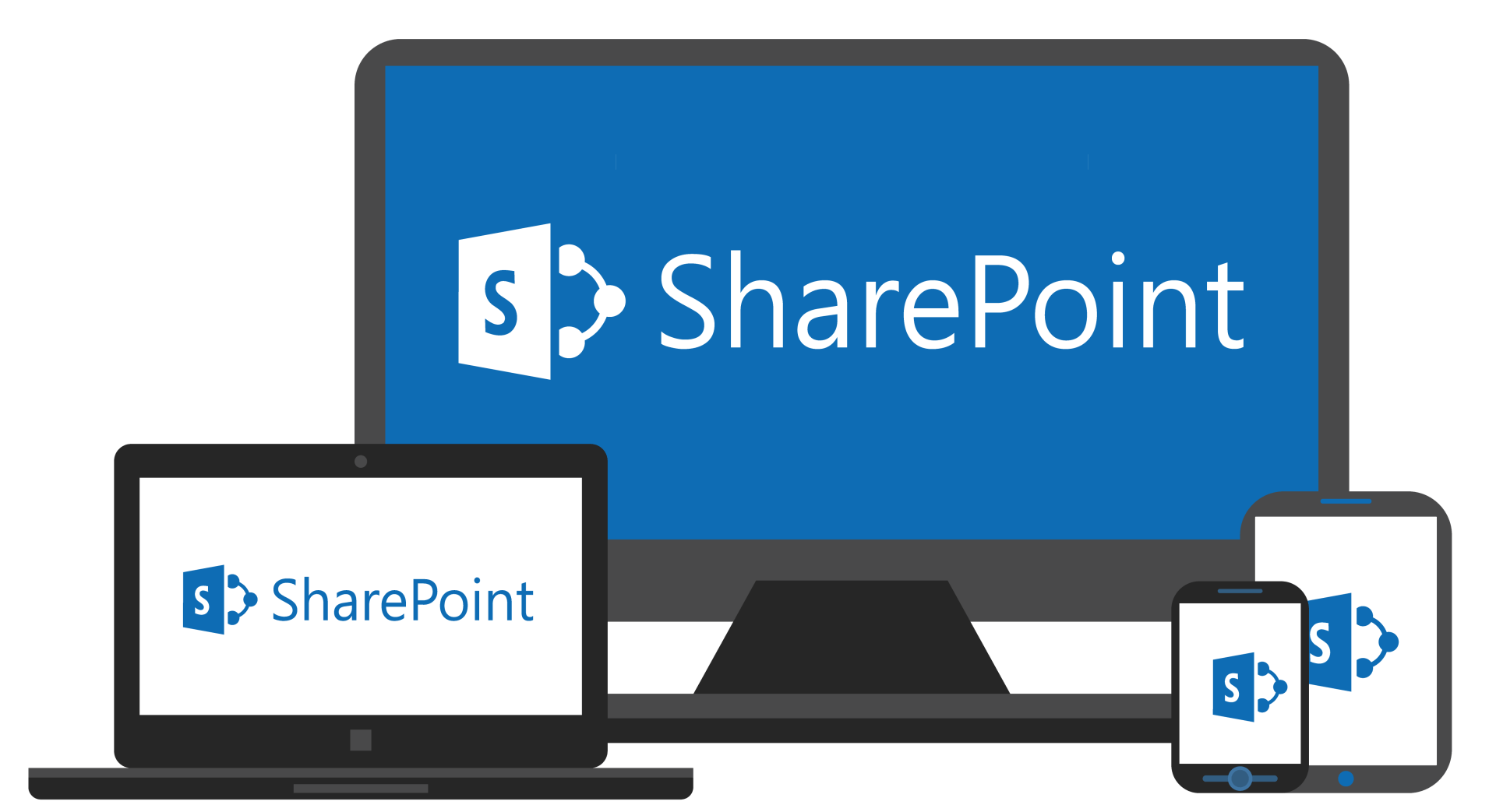 en computer, bærbar computer og mobiltelefon med sharepoint-logoet på