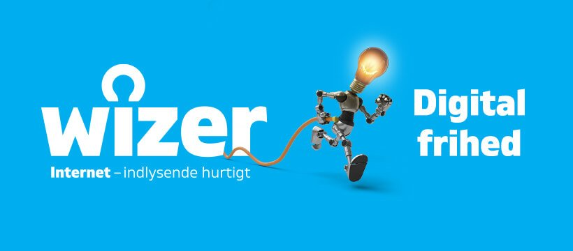 En robot, der holder en pære med ordene wizer digital frihed under den