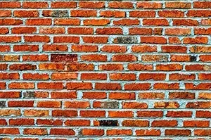 A textured wall made of stacked, weathered red bricks with visible mortar lines.