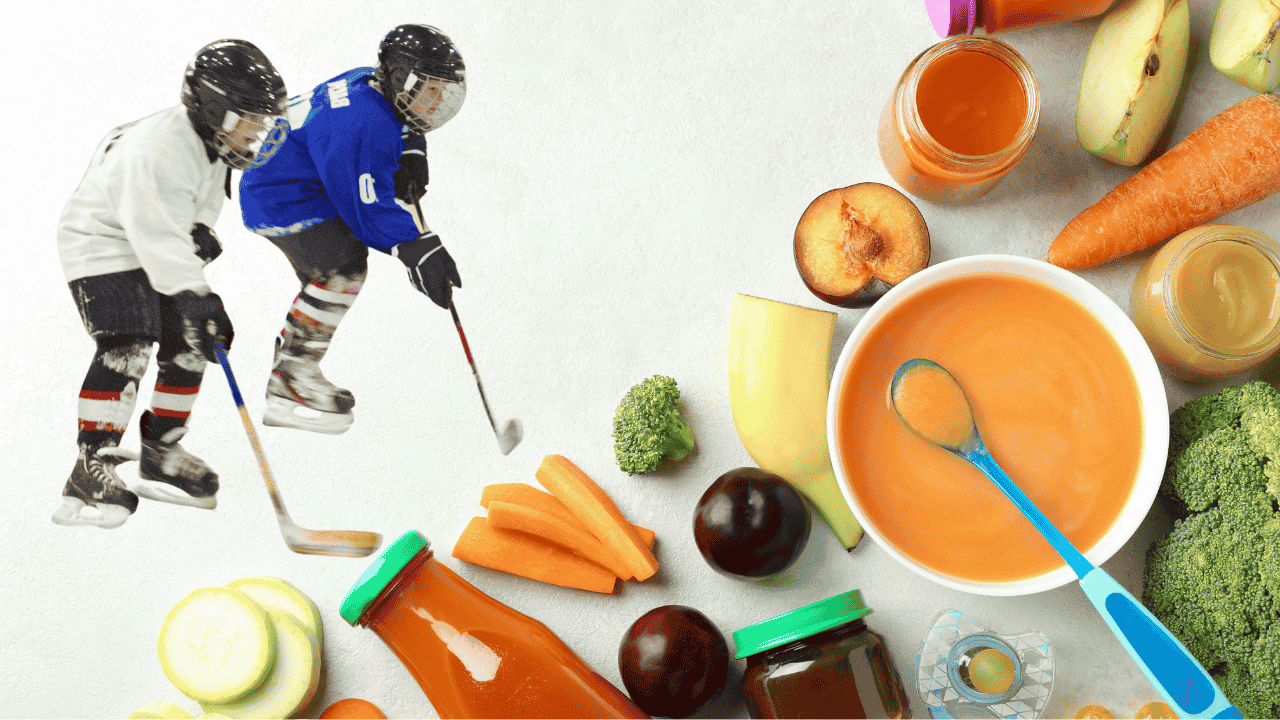 Image of different nutritional options next to an image of young hockey players