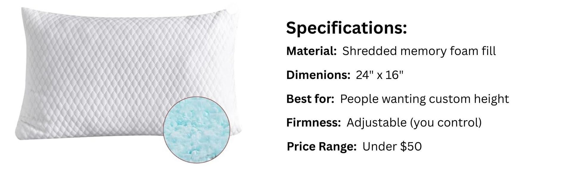 Image of NTCOCO Shredded Memory Foam Pillow and its specifications table