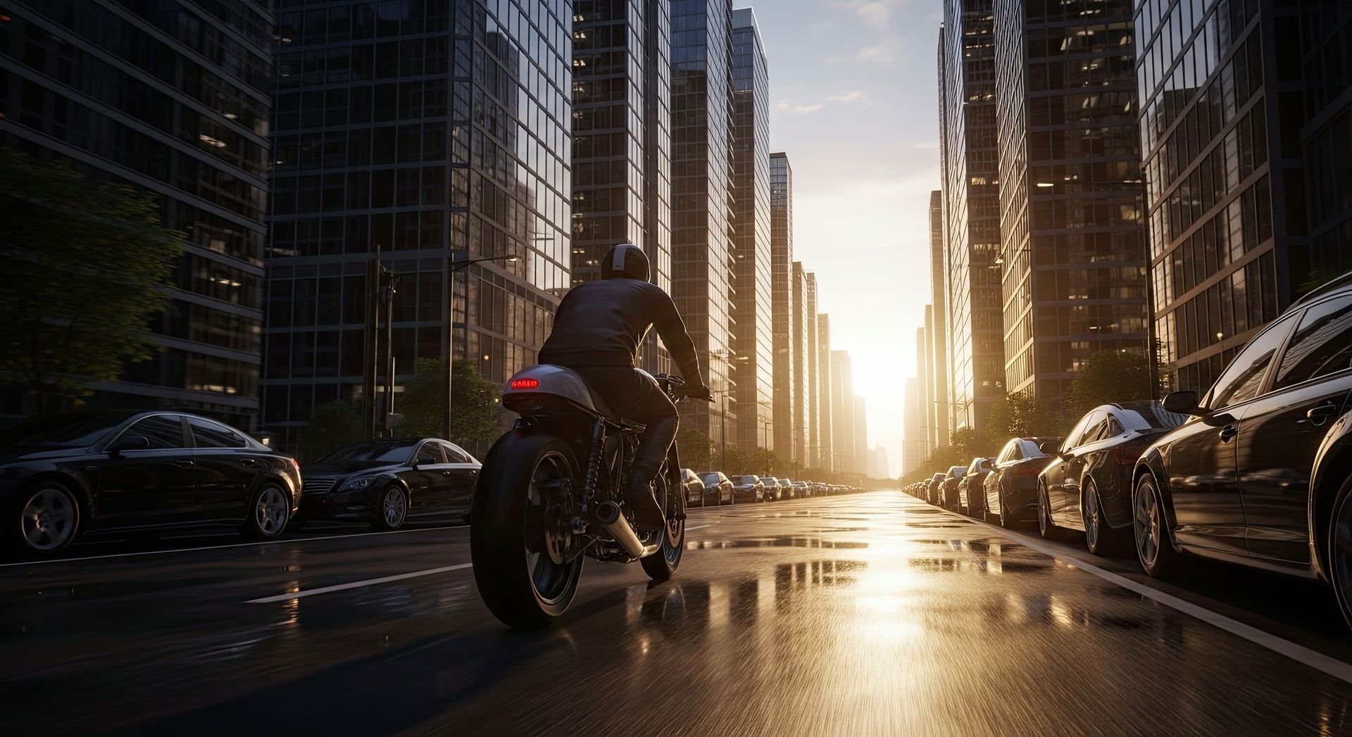 Um motociclista percorre uma rua molhada da cidade ao nascer do sol, entre altos arranha-céus, com carros estacionados