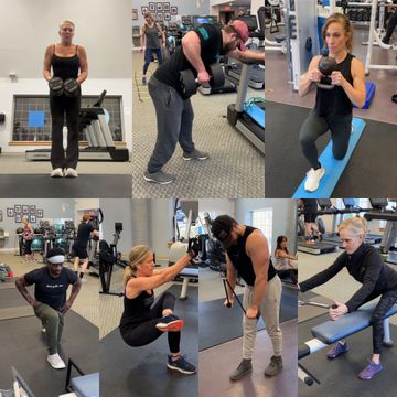 Collage of people exercising in a gym, performing various weightlifting, resistance, and balance movements.