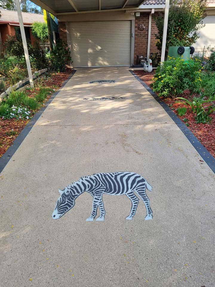 A Zebra Is Painted On The Sidewalk In Front Of A Garage — Custom Concrete Finishes In Thurgoona, NSW