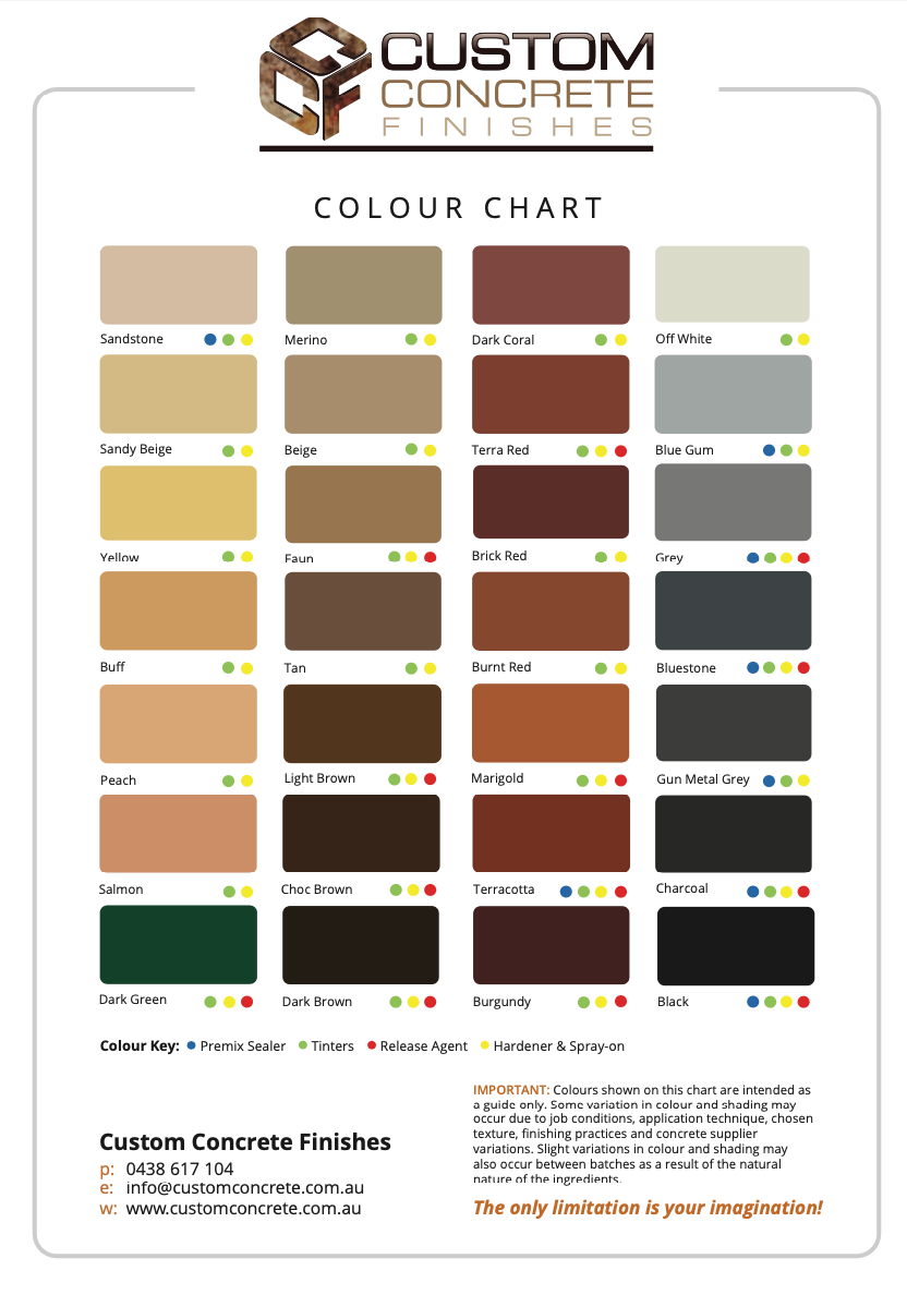 A color chart for custom concrete finishes