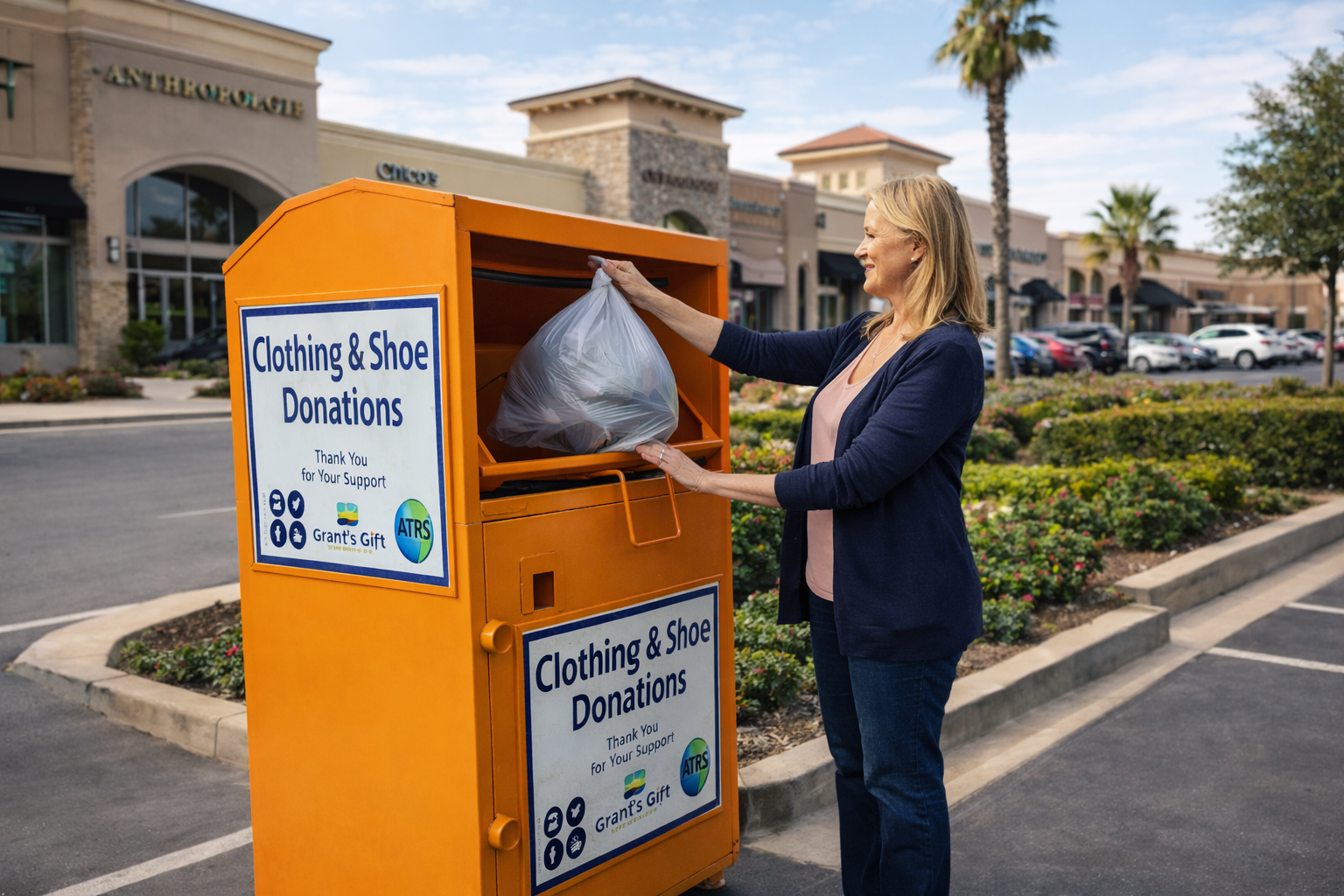 Woman donating clothing at an ATRS clothing and shoe donation bin.