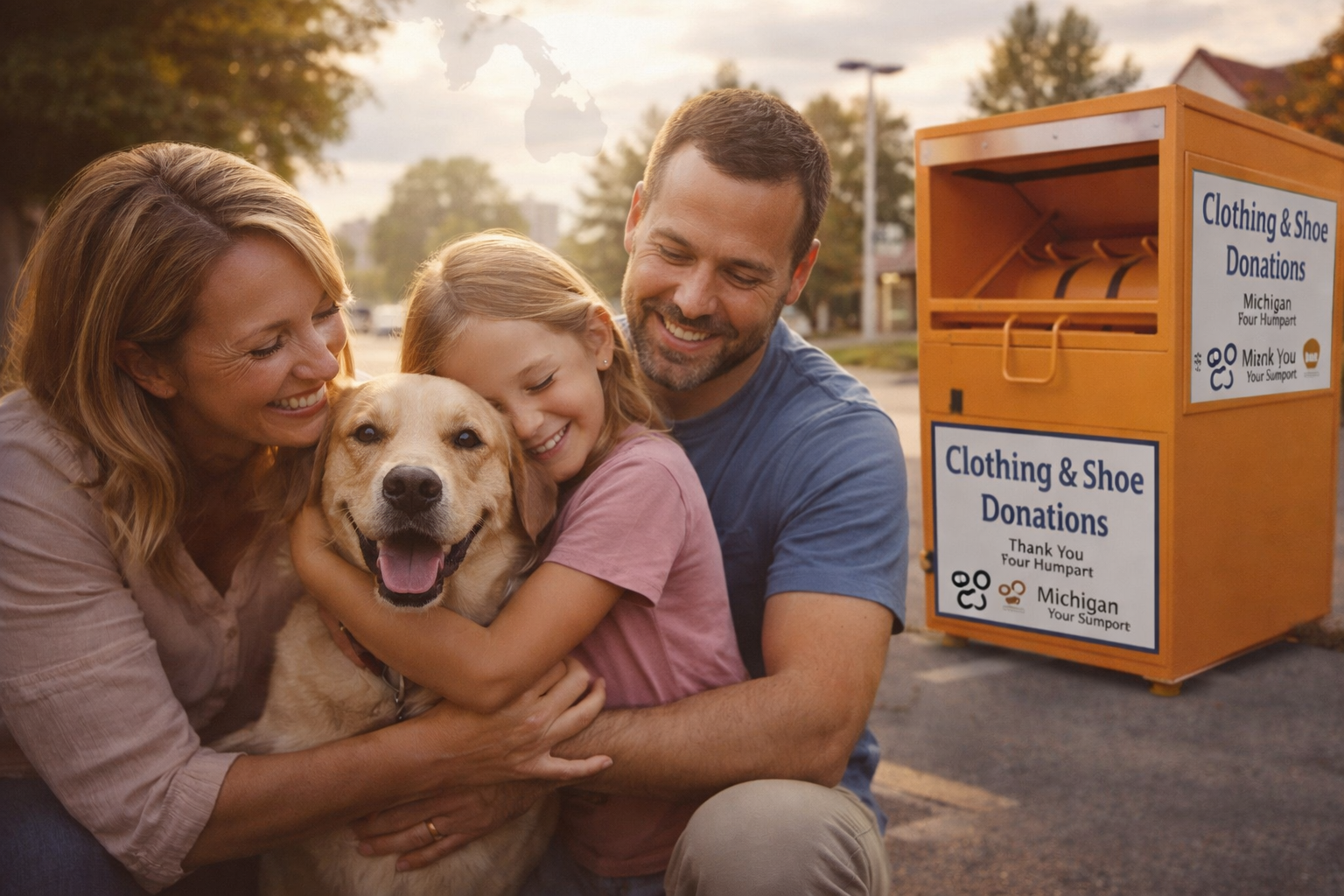 Family of three hugging their pet dog in front of an ATRS donation bin for Michigan Humane.