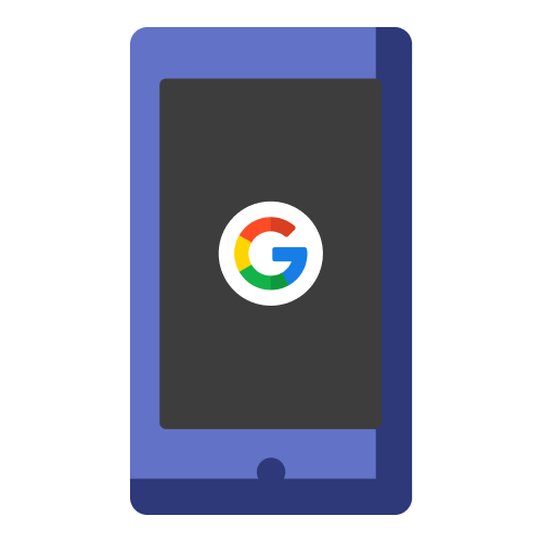 A blue cell phone with a google logo on the screen.