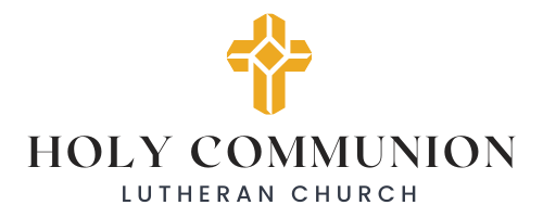 The logo for holy communion lutheran church has a cross on it.