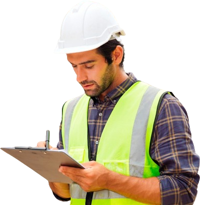 a man wearing a hard hat and safety vest is writing on a clipboard