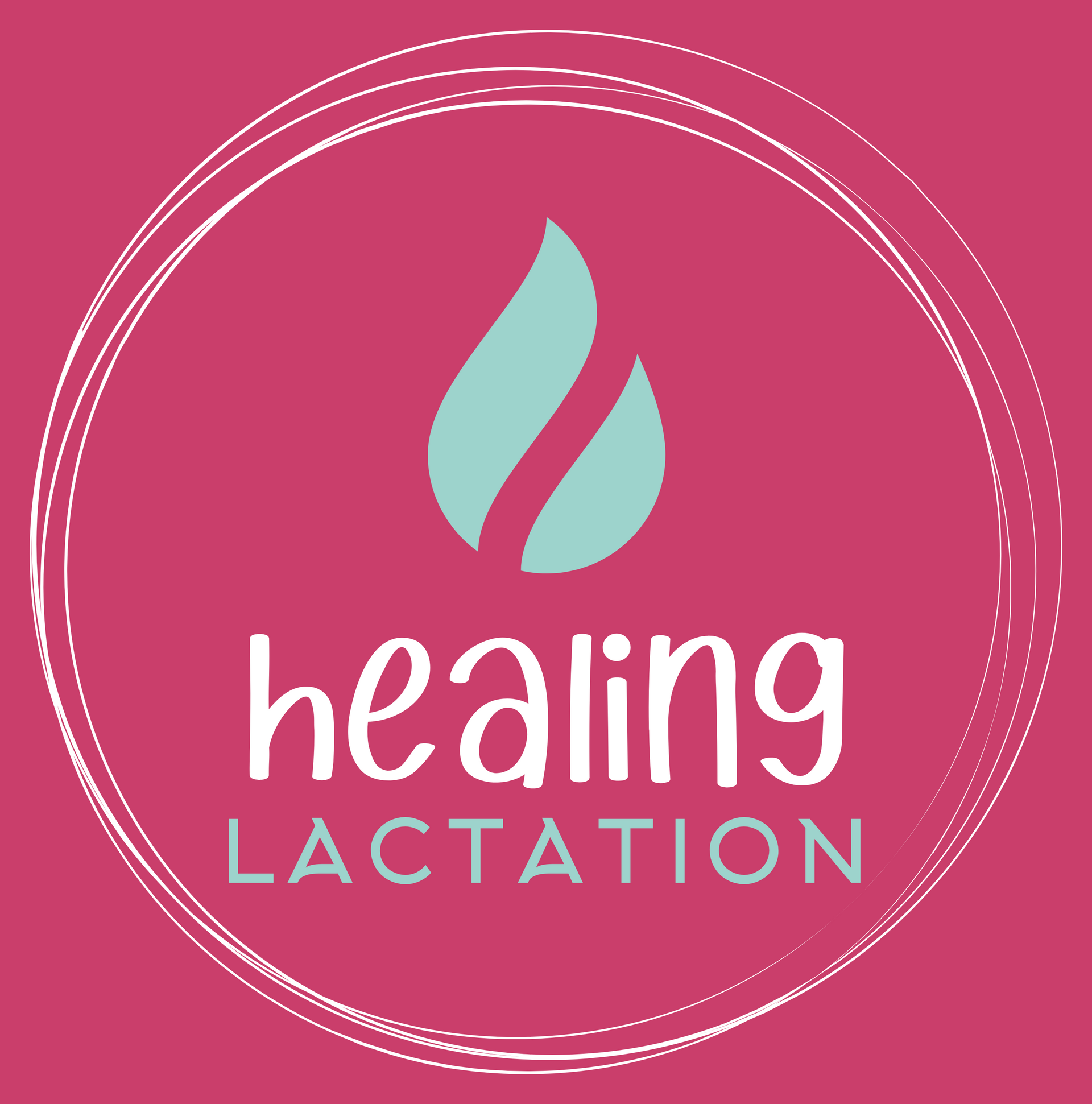 Pink logo with teal flame and text 