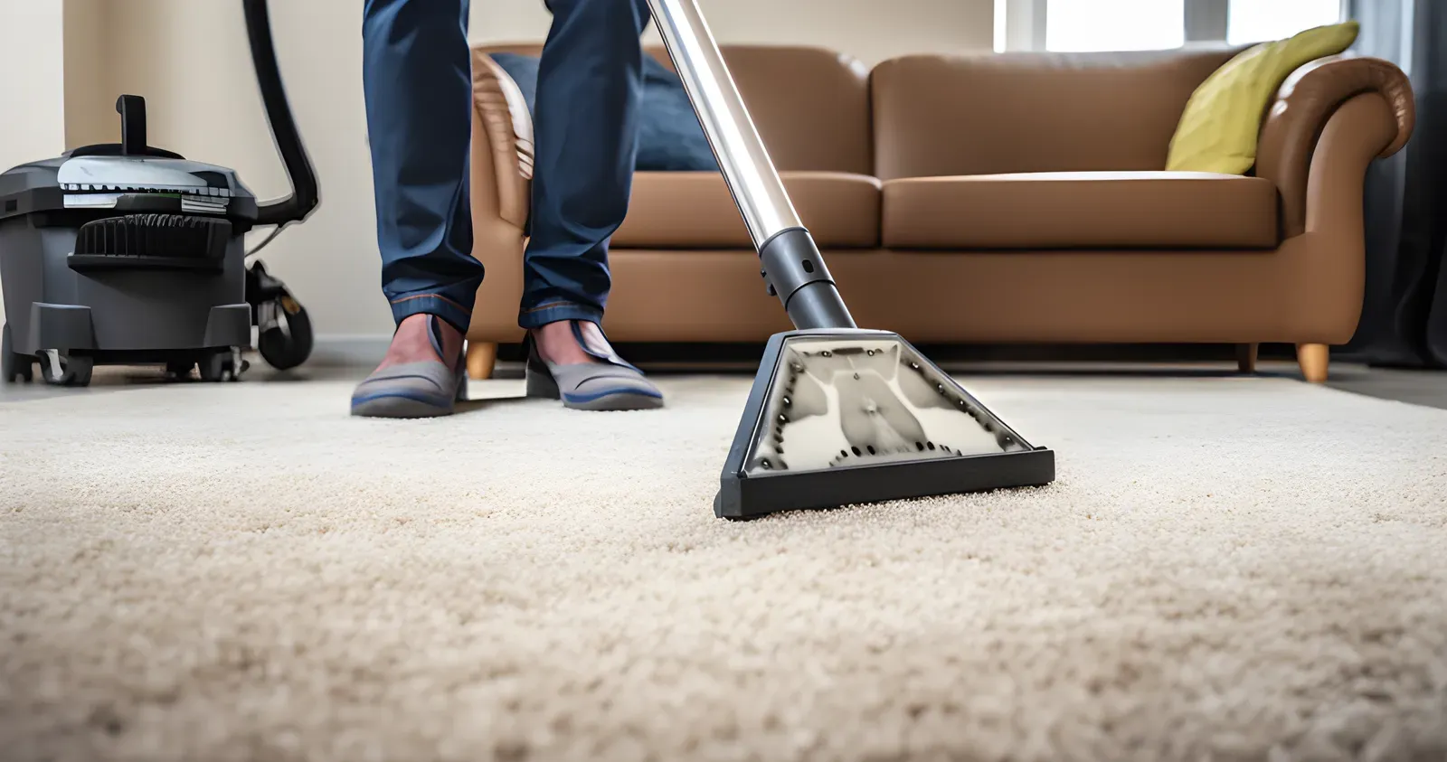 Person vacuuming a white carpet in a living room with a brown couch and large window.