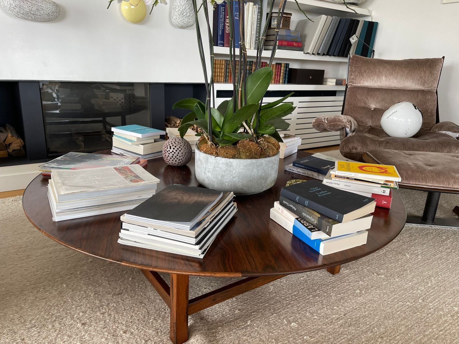 Una mesa de café con libros y una planta sobre ella en una sala de estar.