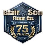Gold and black 75th-anniversary logo for Blair & Son Floor Co., featuring crossed hammers and the years 1951-2026.