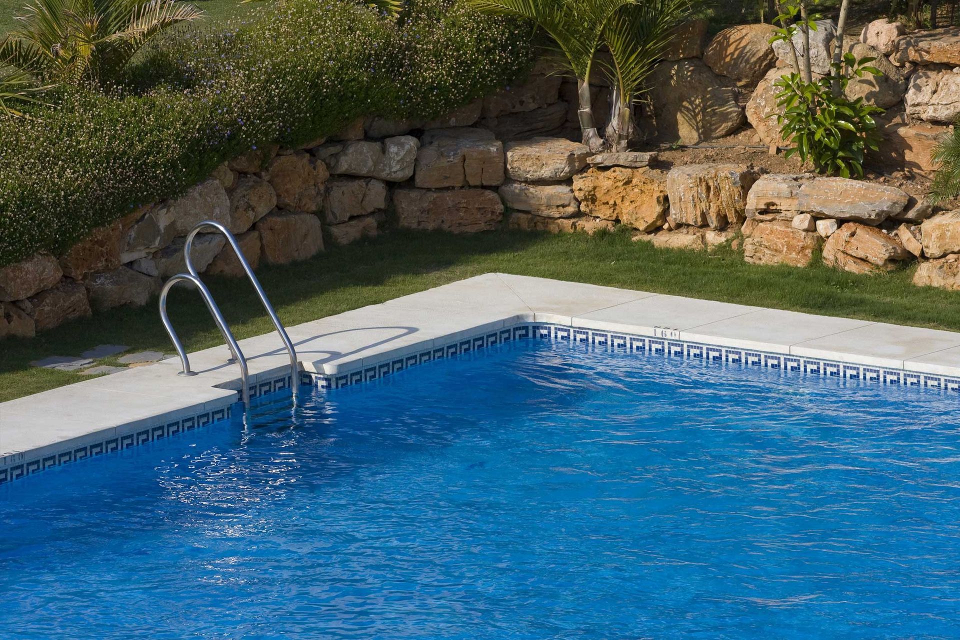 A swimming pool with a ladder in the middle of it