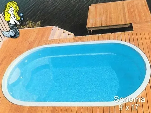 A Sonoma swimming pool on a wooden deck.