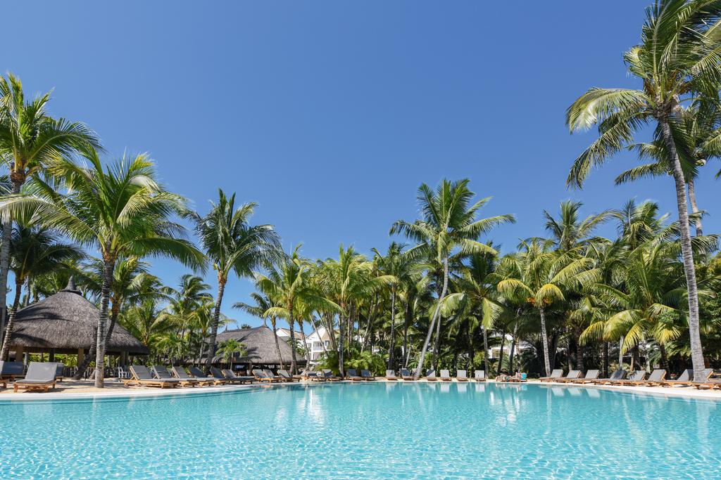 There is a large swimming pool surrounded by palm trees.
