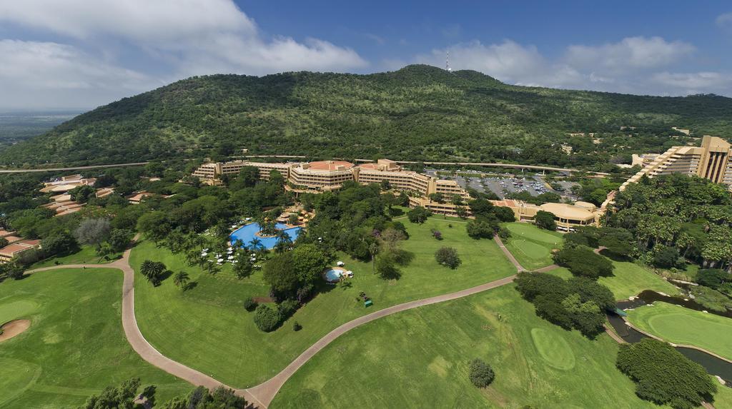 An aerial view of a lush green field with trees and mountains in the background.