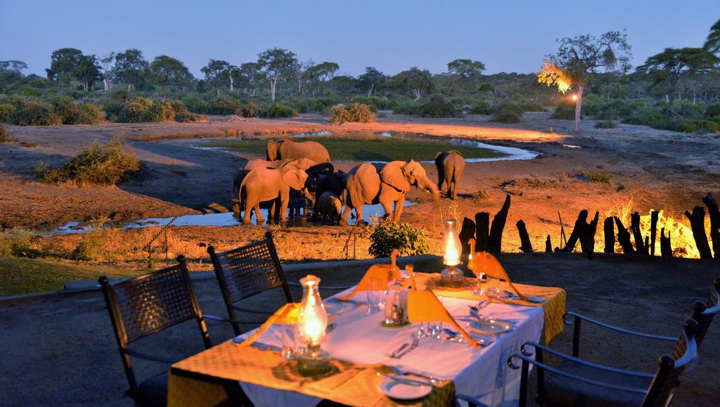 A table with candles on it and elephants in the background